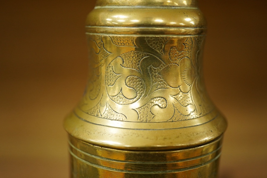 A Chinese cylindrical blue and white brush pot and a brass ewer, largest 39cm high. Condition - fair